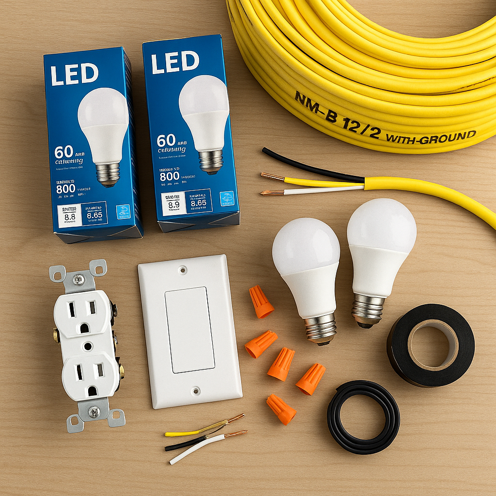 LED bulbs, outlets and wire spools
