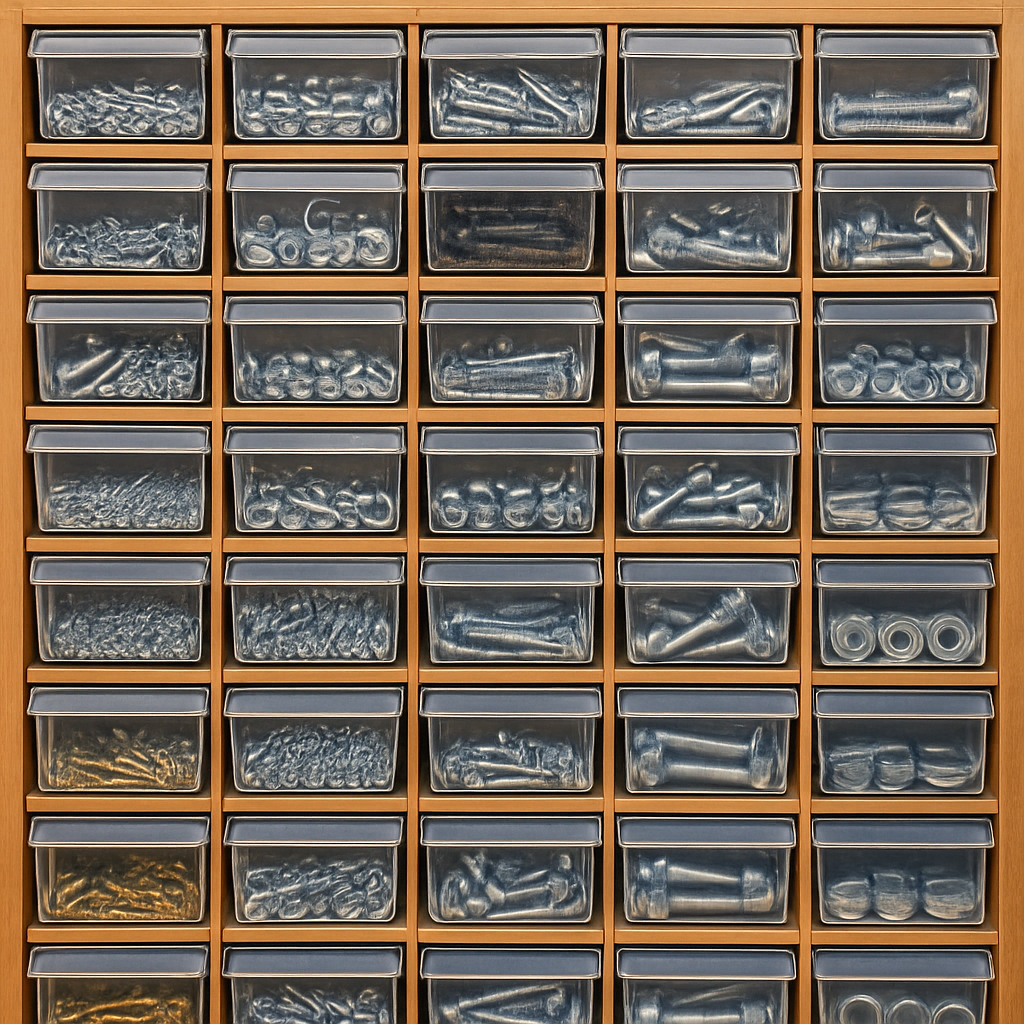 Rows of nuts, bolts and screws drawers