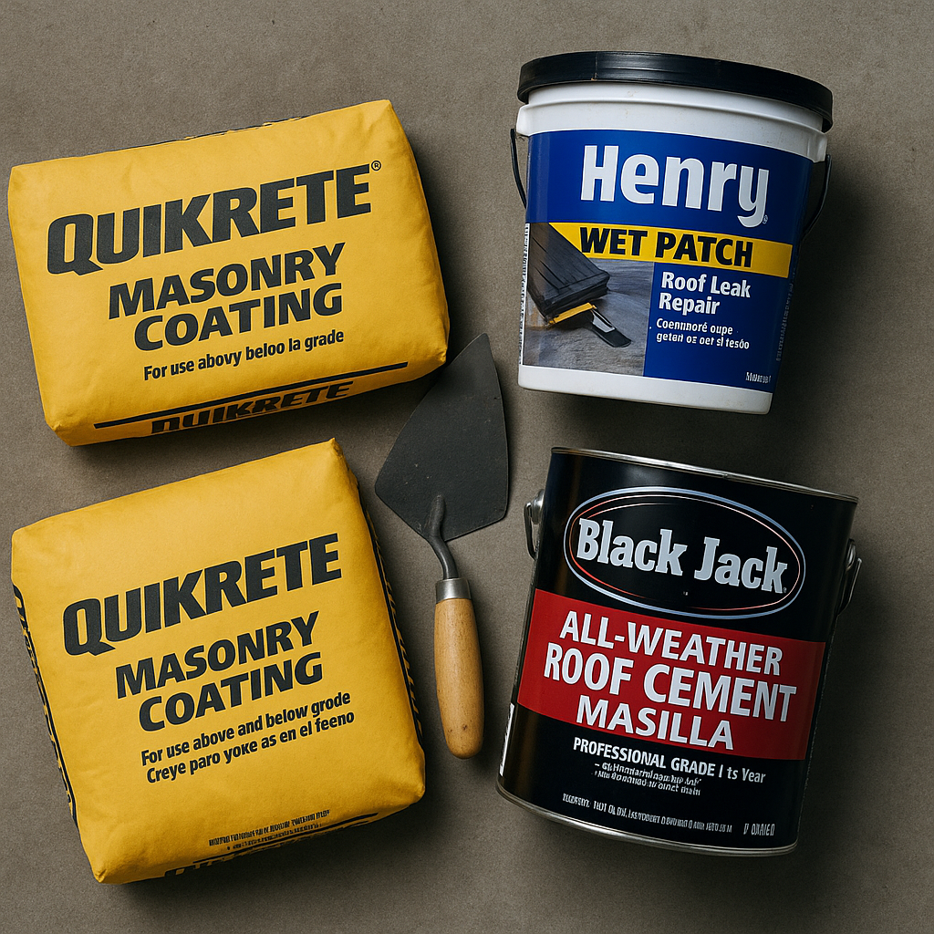 Roof-cement buckets and Quikrete mortar mix