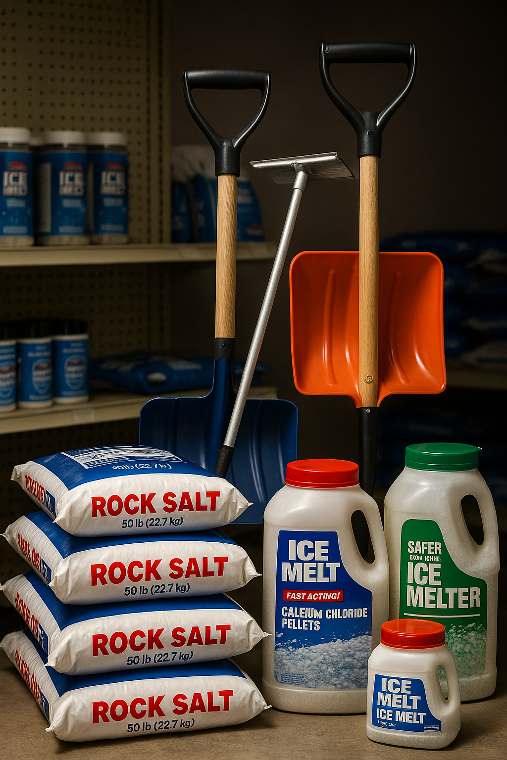 Pallets of ice-melt bags, snow shovels and roof-rake heads