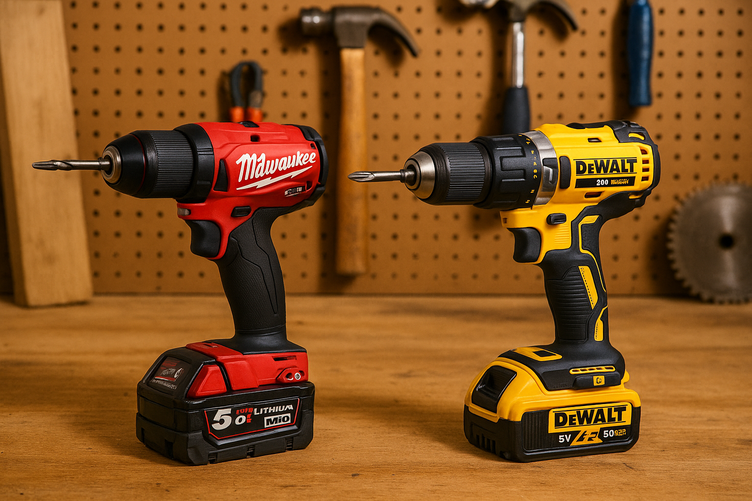 Wall of DeWalt and Milwaukee power tools